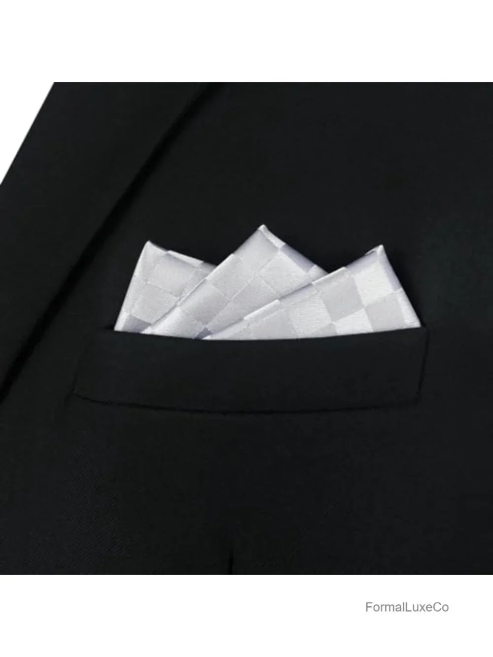 Men's Satin Pocket Square Light Grey Silver Off White Checkered Rhombic